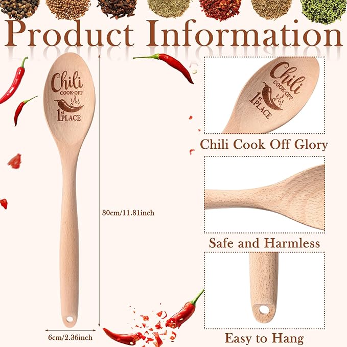Soaoo Set of 3 Chili Cook Off Trophy Wooden Spoon Prizes Chili Engraved Cooking Spoons for 1st 2nd 3rd Cooking Competition Award(Carved at Spoon Surface)