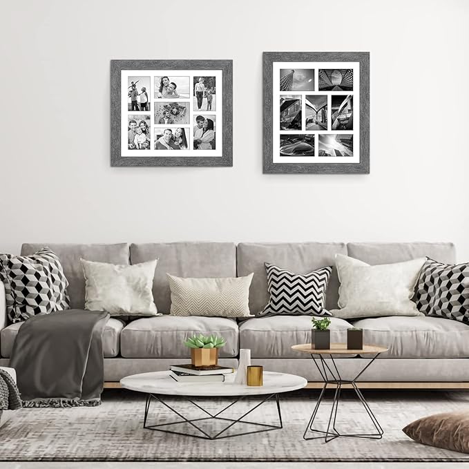 13.5X15.5 Picture Frames Collage with 7 Openings 4X6 Pictures, Multi Photo Frame with Mat for Wall Hanging Decor, Grey Wood Grain