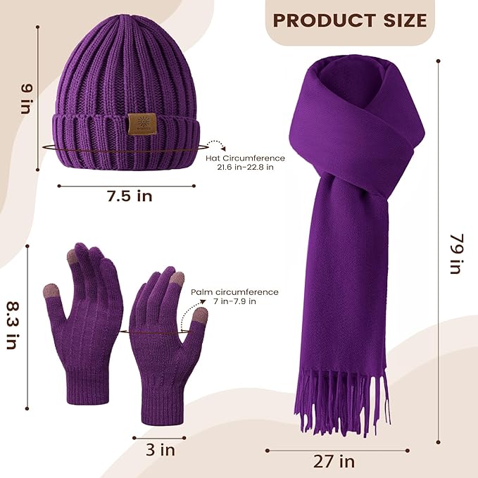 Women Winter Hat Beanie+Long Scarf+Touch Screen Gloves Set, Warm Clothes Set with Knit Fleece Lined for Women/Men Winter