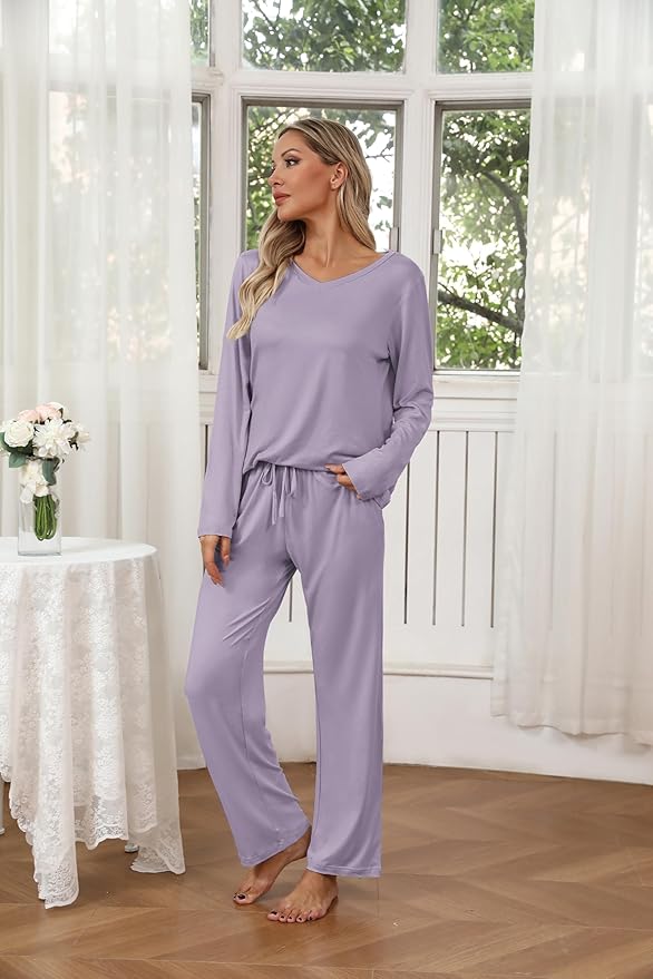Ekouaer Womens 2 Pack Pajama Set Long Sleeve Pajamas Top and Pants V Neck Pjs Set Soft Loungewear with Pockets