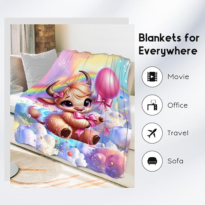 Girls Blankets - Highland Cow Blanket Gifts - 50x60 Inches Soft Flannel Throw for Couch, Office Bed