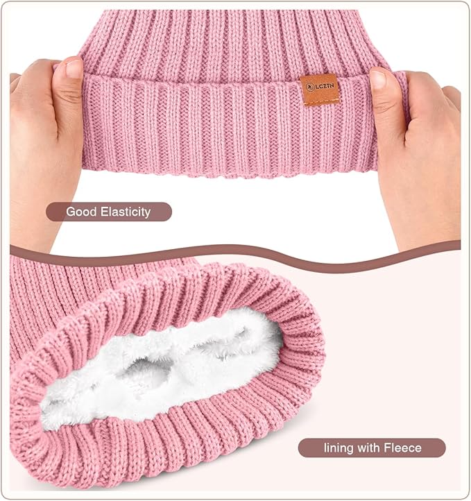 Womens Winter Beanie Hat Gloves Set,Fleece Lined Warm Knit Pom Pom Ski Hat Touchscreen Gloves Set Gifts for Cold Weather