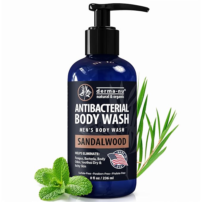 Derma-Nu Men's Body Wash – Bold & Woody Sandalwood Scent Antibacterial Body Wash for Jock Itch, Athlete’s Foot, Eczema & Back Acne – Antibacterial Soap for Men – Safe for All Skin Types – (8oz)