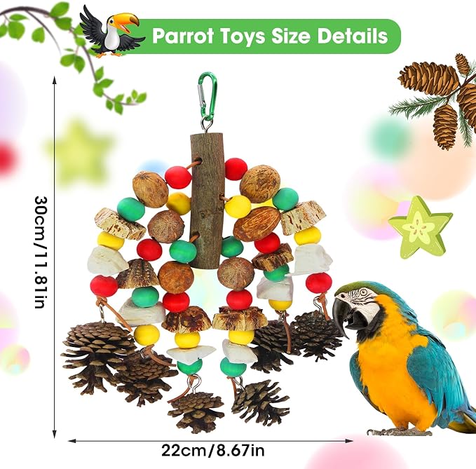 MQUPIN Parrot Toys, Nuts Nutrient-Rich Bird Toys,Natural Wooden Parrot Cage Bite Toy,Chewing Toy Containing Cuttlefish Bones,Pine Cones,Wooden Mangoes and Carambola for African Greys,Cockatoo,Budgie