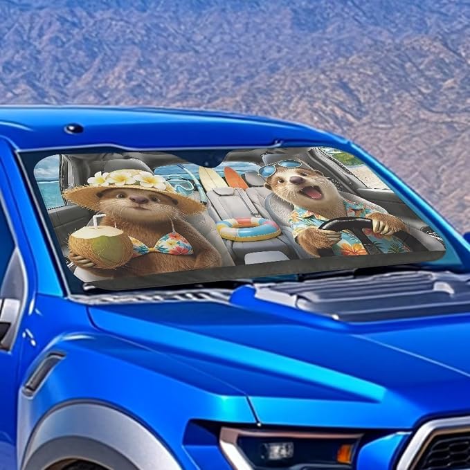 Cute Otter Car Front Windshield Sun Shade Foldable Tropical Sun Visor Protector Accessories for Cars Truck SUV UV Rays & Heat Protection Car Windshield Sunshade with Storage Bag