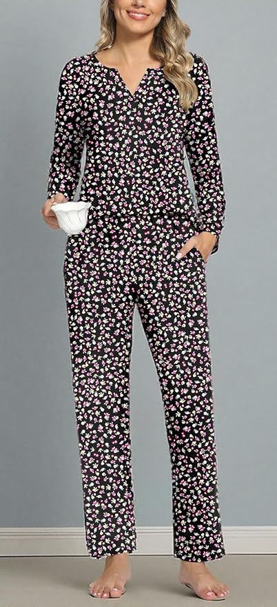 Anyally Women's Plus Size Pajama Sets Ladies Fall Pjs 2 Pieces Lounge Outfits V Neck Long Sleeves Sleepwear with Pockets