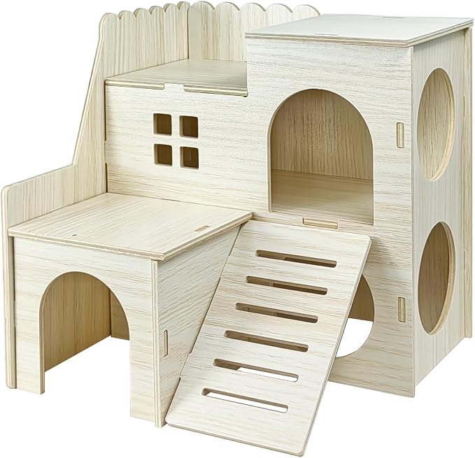 Hamster Hideout Cage Accessories - Hamster House and Habitat Wooden Hide Hut with Climbing Ladder for Syrian Dwarf Gerbils and Mouse Mice Rat Other Small Animals etc.