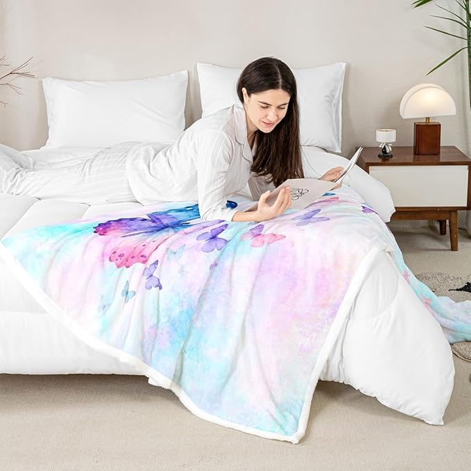 Feelyou Butterfly Fleece Throw Blanket Queen 90"x90" Kids Purple Blue Watercolor Sherpa Blanket Plush Fuzzy for Bed Couch Chair Living Room, Butterflies Lover Bed Blanket Chic Room Decor