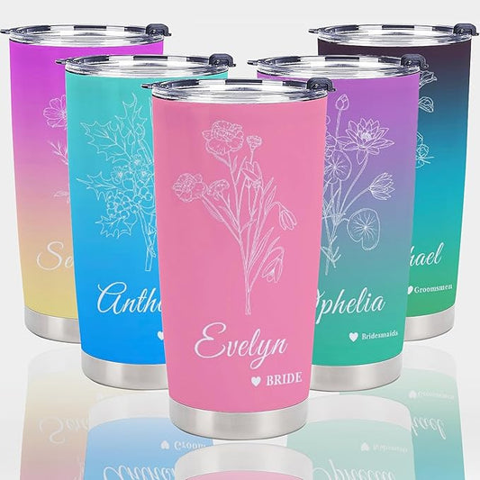 Personalized Tumbler Custom Birth Flowers Vacuum Insulated Travel Mug Customizable Coffee Cup with Your Name and Text Christmas Birthday Gift (Birth Flowers)