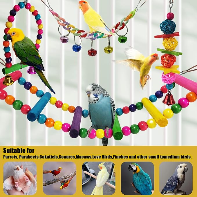 Parakeet Toys,7 Pcs Colorful Bird Toys for Parakeets,Pet Bird Cage Hammock Swing Climbing Ladders Chewing Toy Mirror Hanging Bell Wooden Perch for Budgerigar,Conures, Love Birds,etc | Swing Climbing Ladders Chewing Toy Mirror Hanging Bell Wooden Perch,...