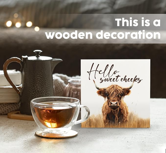 Highland Cow Bathroom Decor Sign, Hello Sweet Cheeks Wooden Box Signs, Highland Cow Gifts For Women Lovers,6x6