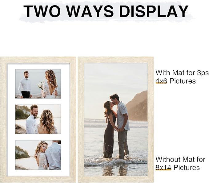 Vittanly 8x14 Picture Frames Collage Wall Decor, Displays 3Pcs 4x6 Pictures with Mat or 1Pcs 8x14 without Mat, Collage Picture Frame for Horizontal or Vertical Display, Cornsilk, 1 Pack