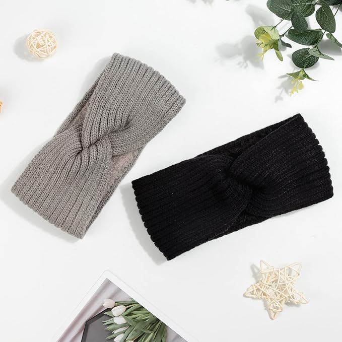 AQOKKA Knit Winter Headbands for Women Fuzzy Wool Fleece Lined Ear Warmers Elastic Turban Crocheted Head Wrap Winter Accessories for Women Cold Weather