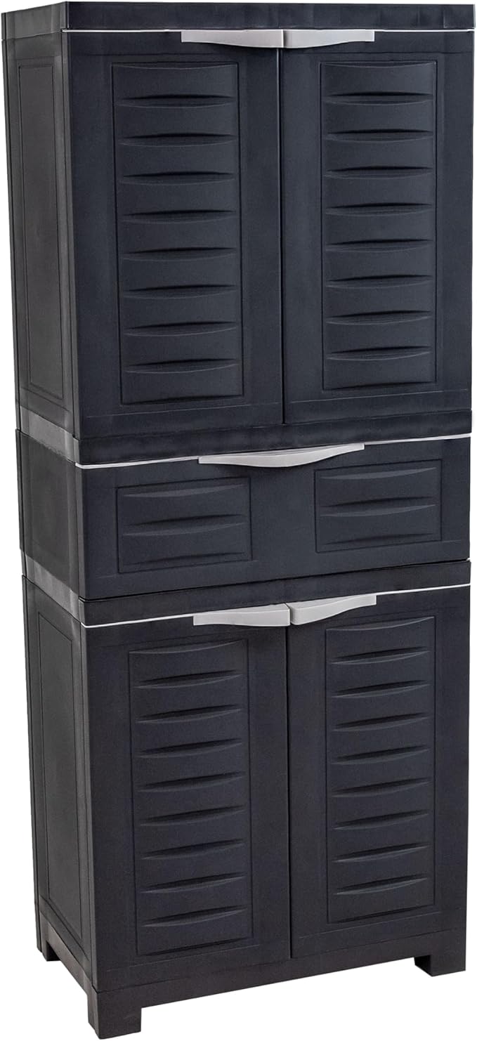 Sunnydaze 57" H Resin Garage Storage Cabinet - Garage Cabinet with 2 Adjustable Shelves - Freestanding Utility Storage for Laundry Room, Office, Basement - Charcoal
