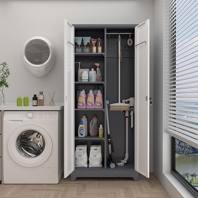 GREATMEET Metal Garage Storage Cabinet, 73" H Broom Closet Storage Cabinet, Locking Utility Cabinet with Doors and Shelves for Garage, Home, Grey White