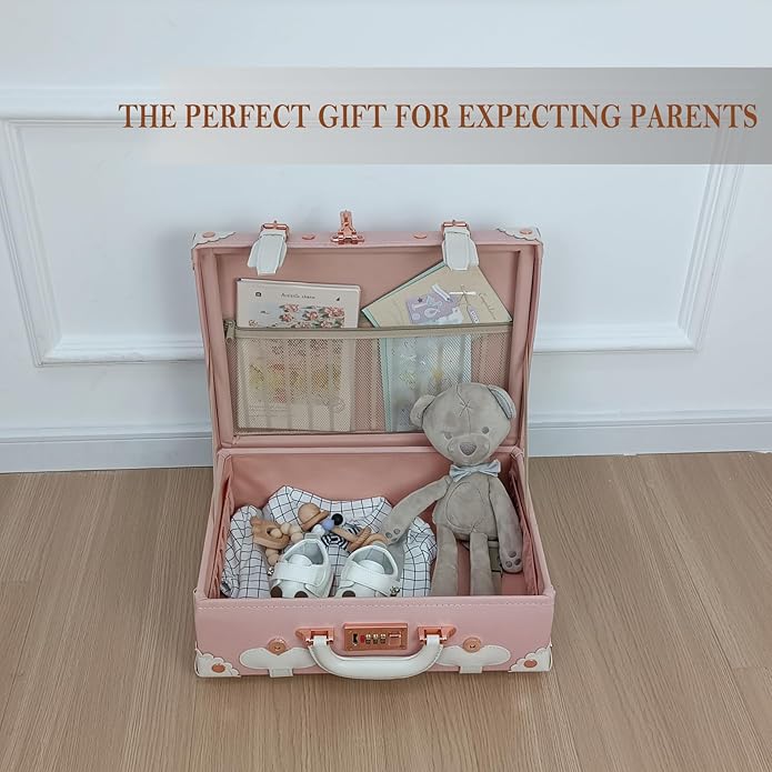 Unitravel Baby Keepsake Case, Handmade Memory Storage Box, Newborn Keepsake Box, Vintage Suitcase for Baby Shower, Baptism, Naming Ceremony or Birthday