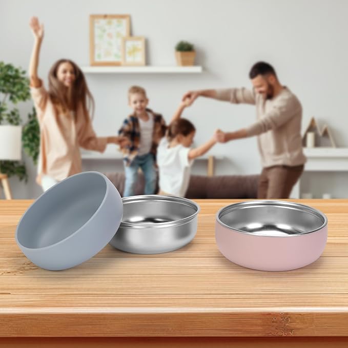 ShineMe Stainless Steel Baby Bowls, 2 pack Toddler Bowls with Removable Colorful Silicone Sleeve, Unbreakable Kids Bowls Non-Slip for Candy, Soup, Cereal, Yogurt, Snacks...
