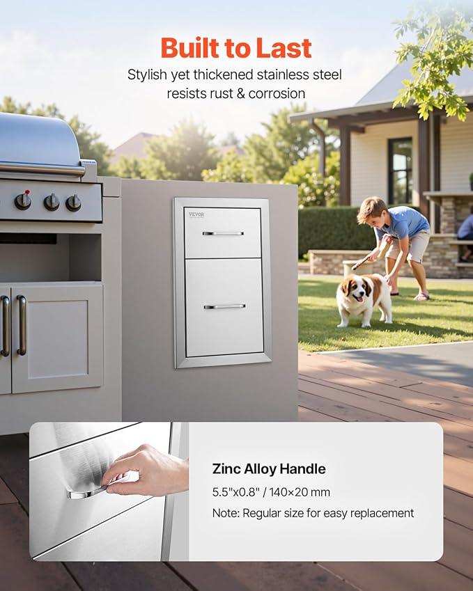 VEVOR Outdoor Kitchen Drawers 13" W x 20.5" H x 21" D, Flush Mount Double BBQ Access Drawers with Stainless Steel Handle, BBQ Island for Outdoor Kitchens or Patio Grill Station