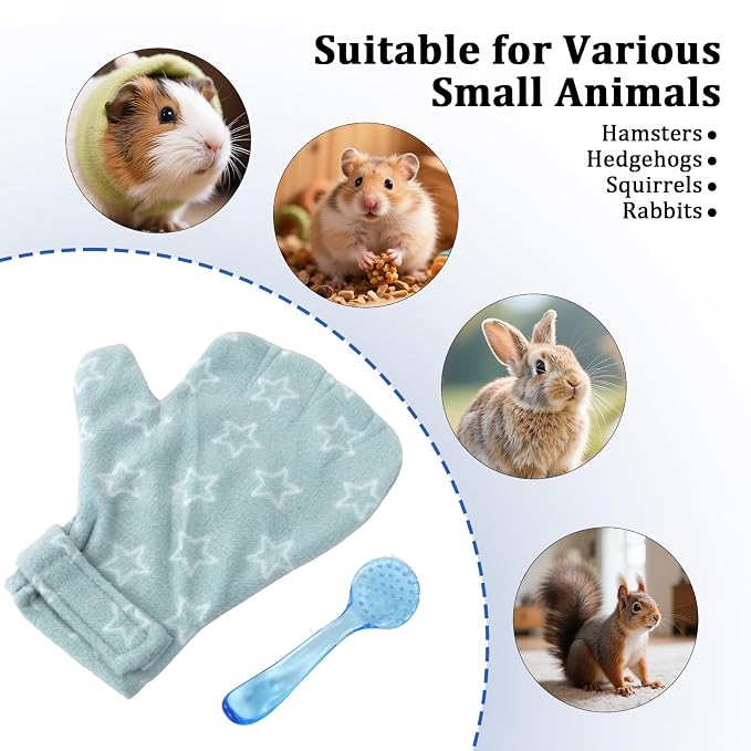 1Pcs Hamster Bite Proof Glove and Grooming Brush Set, Adjustable Hamster Glove, Lid Soft Cleansing Brush Massage Combs, Guinea Pig Brush, Hamster Care Set for Hamsters, Ferrets, Hedgehog (Green Stars)