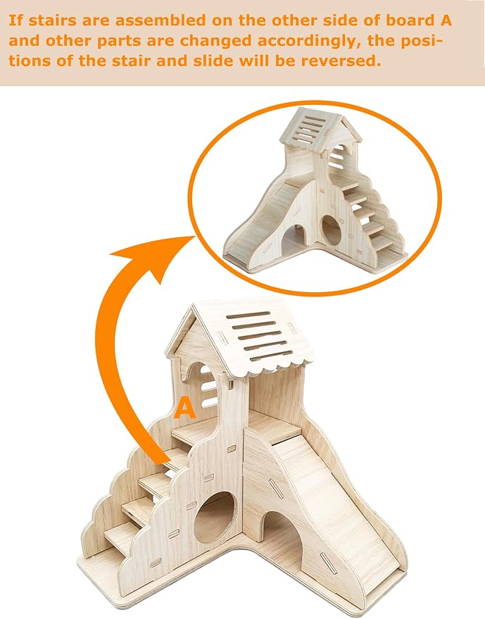 Hamster Hideout Cage Accessories - Hamster House and Habitat Wooden Hide Hut with Climbing Ladder and Slide for Dwarf Gerbils and Mouse Mice Rat Other Small Animals etc.