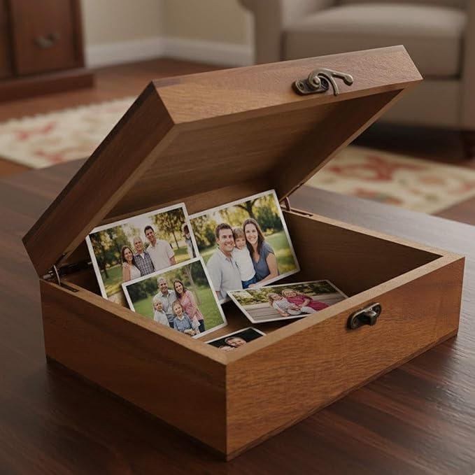 Personalized Walnut/Pine Wooden Keepsake Box 8 * 10 * 3.4 in, Custom Engraved Family Memory Wooden Box, Large Walnut with Initials Story Storage Boxes, Personalized Name Decorative Boxes