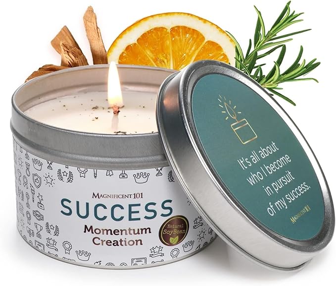 MAGNIFICENT 101 Study & Momentum Creation Candle for Success - 6 Oz White Tin - 35 Hour Burn Soy Wax - Sage, Bergamot & Sandalwood Scent - Energy Cleansing & Manifestation