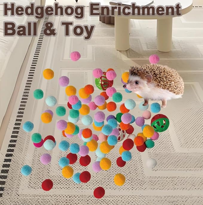 Hedgehog Dig Box Enrichment Cage Accessories, Funny Dig Box Toys, Interactive Foraging Tray with Laundry Bag, 3 Bell Balls & 100 Colorful Pom Poms, for Hedgehogs, Hamsters, Ferrets, Kittens