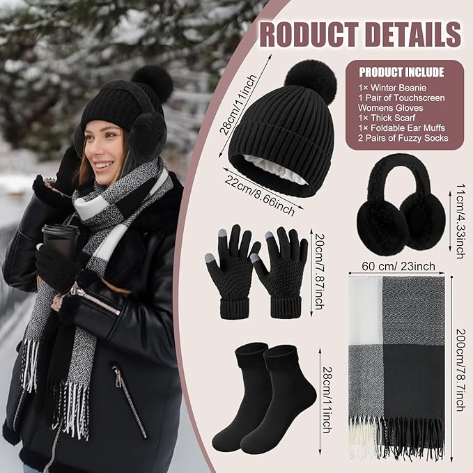 Geyoga 6 Pcs Winter Hat Scarf Gloves Set Knitted Touchscreen Gloves Plaid Scarf Earmuffs Socks Gift for Women Men