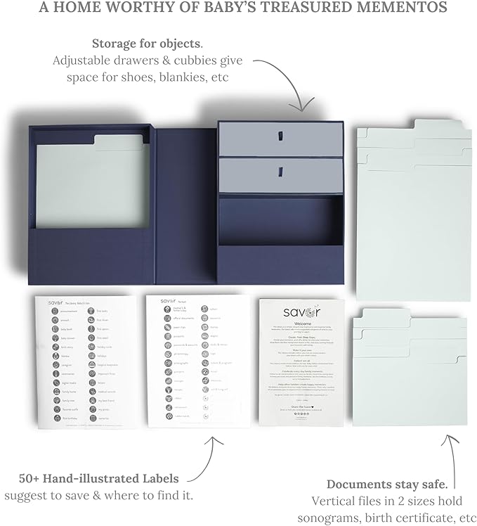Savor | Baby Memory Box Keepsake Organizer | Customizable Sympathy Gift and Remembrance Box for Angel Baby, Pregnancy, & Treasured Mementos (Blue, Harper Style)
