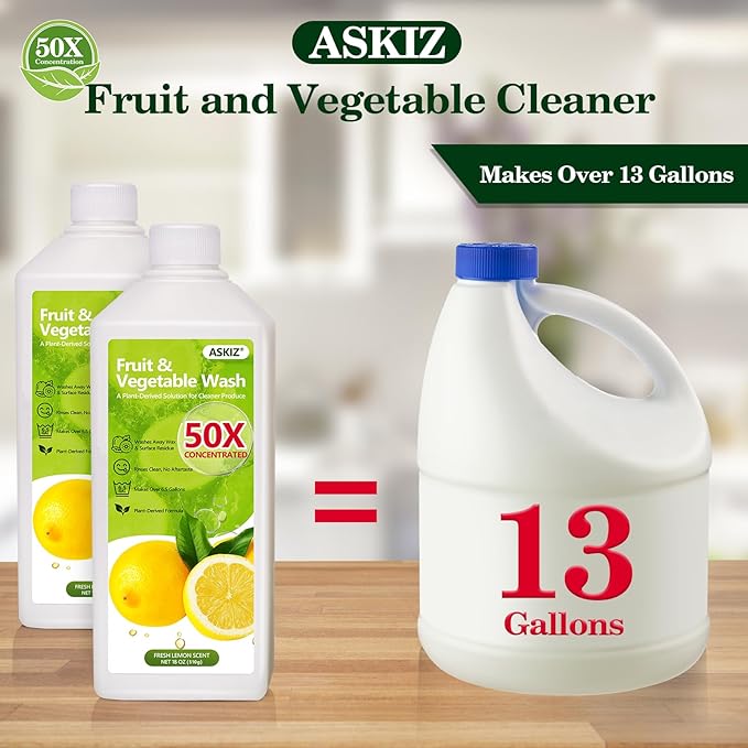 Fruit & Vegetable Wash,13 Gallons Lemon Produce Wash and Clean,Fruit Cleaner Comes With an Improved Nozzle Bottle,Multi Purpose Cleaner Removes Wax, Dirt and Surfaceues