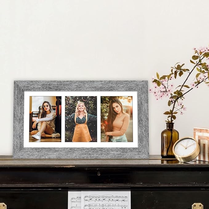 8x16 Picture Frame Display 3 opening Picture Frame 5x7 Collage,Multi Photo Frame with Mat,Plexiglass,Horizontal and Vertical Formats for Wall Decor,Grey Wood Grain