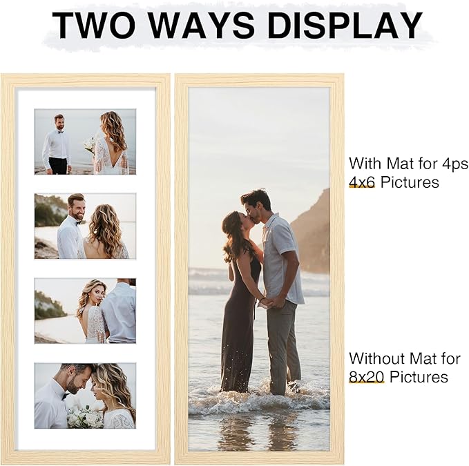 Vittanly 8x20 Collage Picture Frame, Displays 4Pcs 4x6 Pictures with Mat or 1Pcs 8x20 without Mat, Picture Frames Collage Wall Decor for Horizontal or Vertical Display, Nature Wood, 1 Pack