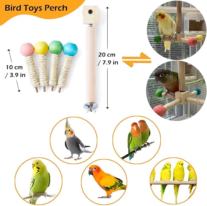 Bird Perch Toy, Kiln-Dried Wood Interactive 360° Spinning Cage Toy(S) | Exercise Wheel Parrot Toy, Enrichment Cockatiel Toy for Bird Cage, Bird Cage Accessories Perch Toy for Budgies Lovebirds