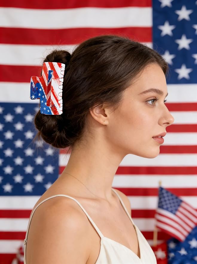 1Pc American Flag Hair Clips Strong Hold Patriotic Hair Claw Clips July 4th Hair Barrettes Nonslip Red White Blue Hair Accessories Clip Fashion Hair Grip Clip for Women Independence Day Hair Decor