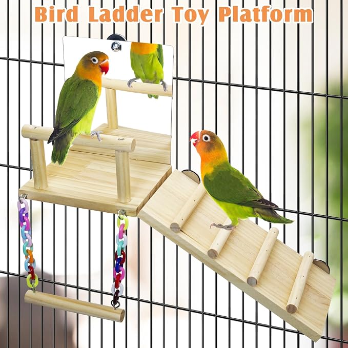 BNOSDM Bird Perch Platform with Mirror, Wooden Climbing Ladder for Parakeet, Small Bird Swing Toys Parrot Cage Accessories Budgie Playground for Cockatiel, Lovebirds, Conures, Finch