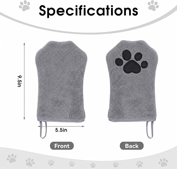A Pair of Microfiber Reusable Pet Grooming Towel Gloves, Machine-Washable Double-Sided Bath Mitts, Dirt & Odor Removal Cleaner for Dog and Cat Paws & Coat (Grey)