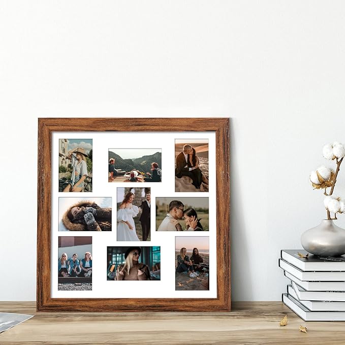 17x17 Picture Frame Display 9 opening 4X6 Picture Frame Collage,Multi Photo Frame with Mat,Plexiglass,Wall Mount Decor,Carbonized Brown Wood Grain