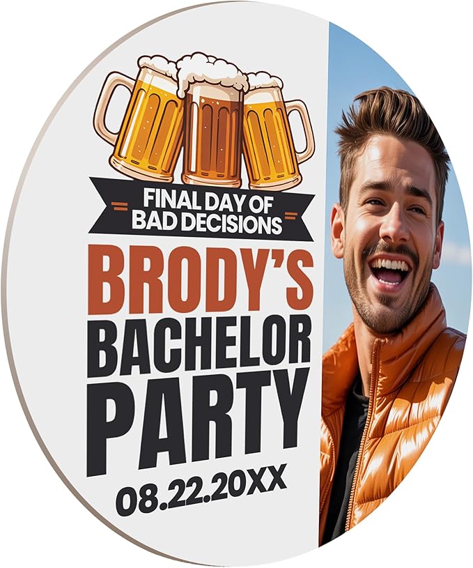 20 Pack Personalized Bachelor Party Coasters, Custom Cardboard Drink Coasters with Photo Print and Text, Fun Bachelor Party Favors and Gifts, 3.95" Round, Design 2