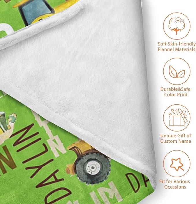 Personalized Tractors Blanket - Custom Name with Farm Tractor Trucks Design - Soft Plush Flannel Bed Blanket for Baby Kid Teen Boys Girls Customized Gifts Bright Green