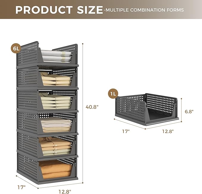 PinkPum 6 Pack Closet Organizers and Storage Plastic Stackable Storage Bins, Foldable Drawer Shelf Storage Container for Wardrobe Kitchen Bathroom Dorm Black
