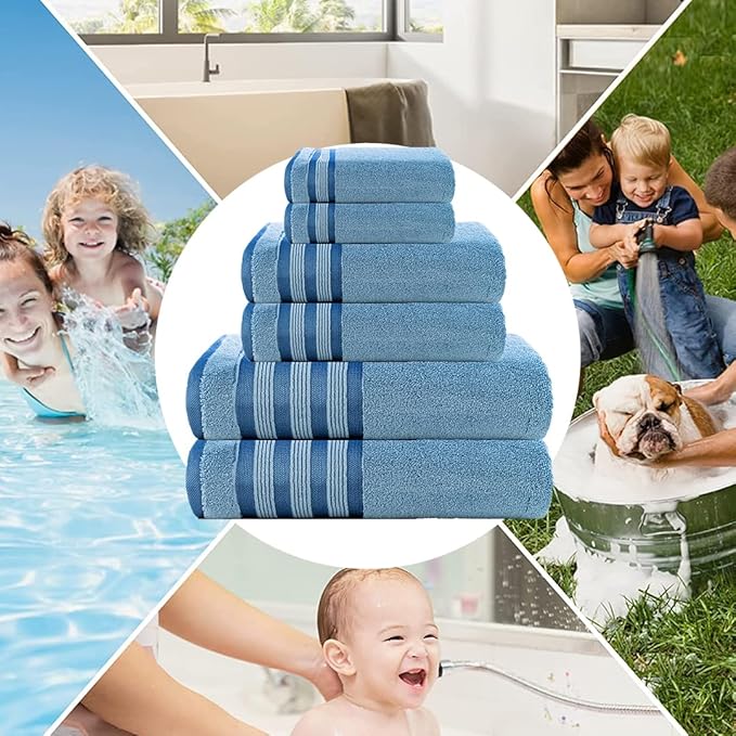 CASA COPENHAGEN Zero Twist, 6 Pieces Set 100% Cotton 0" Twist Towel Set- Dusty Blue, 600 GSM, 2 Bath, 2 Hand, 2 Washcloths Made from Egyptian Cotton, Ultra Soft Luxury Towels for Bathroom.