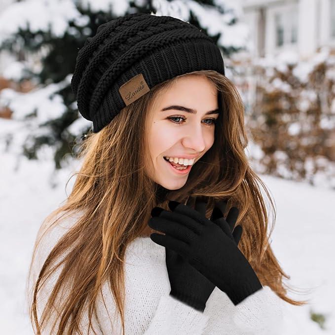 Loritta 3 Pieces Winter Hats for Women Scarf Touch Screen Gloves Set Thick Warm Fleece Lined Beanie Hat Gifts