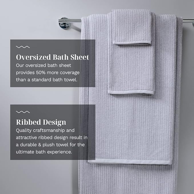 LUXOME Luxury Performance 6-Piece Bath Towel Set | Dual-Loop Design | Ultra Soft | Highly Absorbent | Quick Drying | Pebble (Light Grey)
