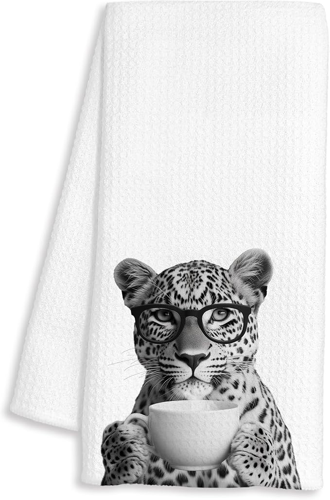 Funny Leopard Decor Coffee Kitchen Towels Gift, Leopard Gifts for Women, Coffee Gifts for Women, Animal Lover Gift Decorative Dish Hand Tea Towels for Kitchen Home Bar Decor, 16x24 Inch