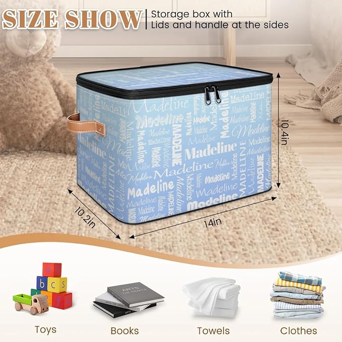 Custom Storage Basket with Name, Personalized Keepsake Box with Zipper Lid, Foldable Fabric Memory Bin Large capacity with Handle White Blue