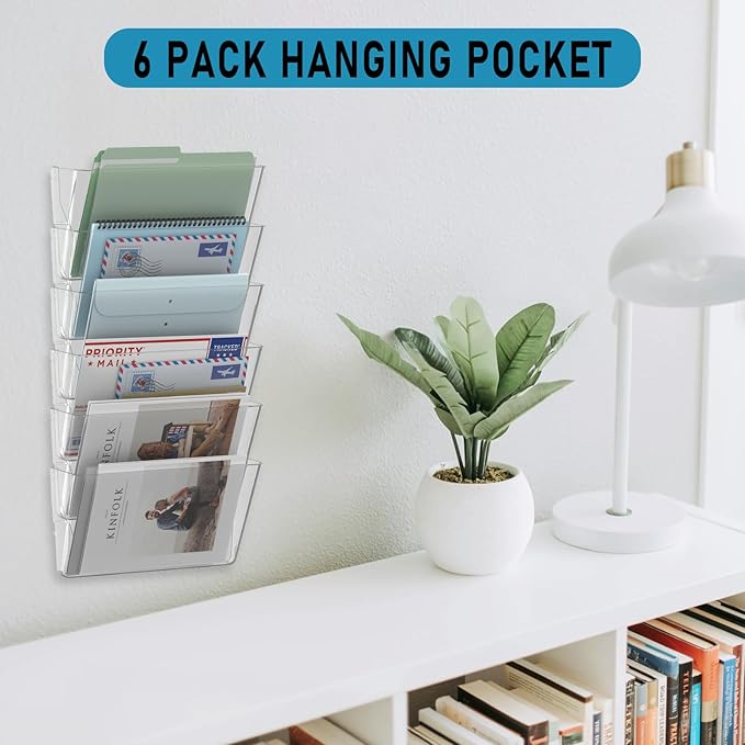 6 Pockets Acrylic Wall File Organizer, Clear Wall File Holder, Plastic Hanging Wall File Holder for Office, School and Home, Clear