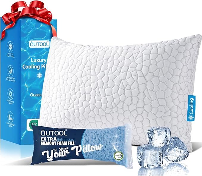 QUTOOL Cooling Pillow for Sleeping, CertiPUR-US Shredded Memory Foam Queen Pillow Set of 1, Cool Pillow for Hot Sleepers Adjustable Firm Pillow for Side, Back, Stomach Sleepers Soft Yet Support, White