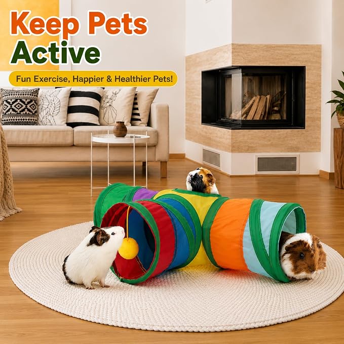 Rypet Guinea Pig Tunnel Hideout 3-Way Collapsible Small Pet Tubes, Rainbow | 3 Way Design for Exploration, Collapsible for Easy Storage, Built-in Play Ball, Hiding & Resting for Hamsters Ferrets