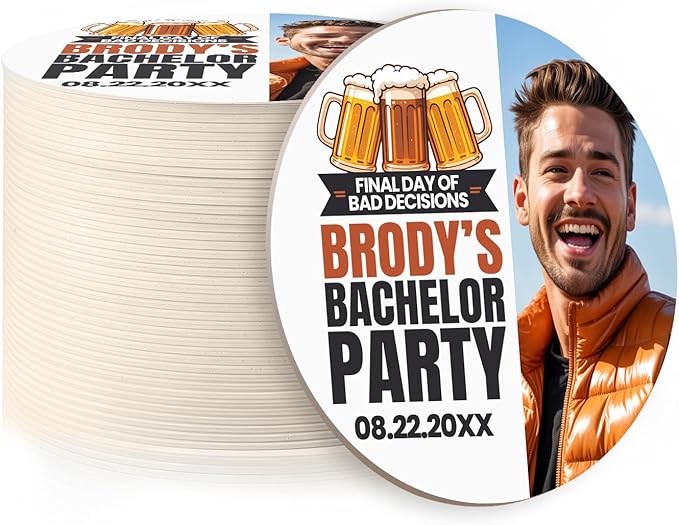 40 Pack Personalized Bachelor Party Coasters, Custom Cardboard Drink Coasters with Photo Print and Text, Fun Bachelor Party Favors and Gifts, 3.95" Round, Design 2