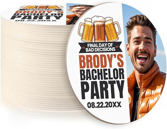 40 Pack Personalized Bachelor Party Coasters, Custom Cardboard Drink Coasters with Photo Print and Text, Fun Bachelor Party Favors and Gifts, 3.95" Round, Design 2